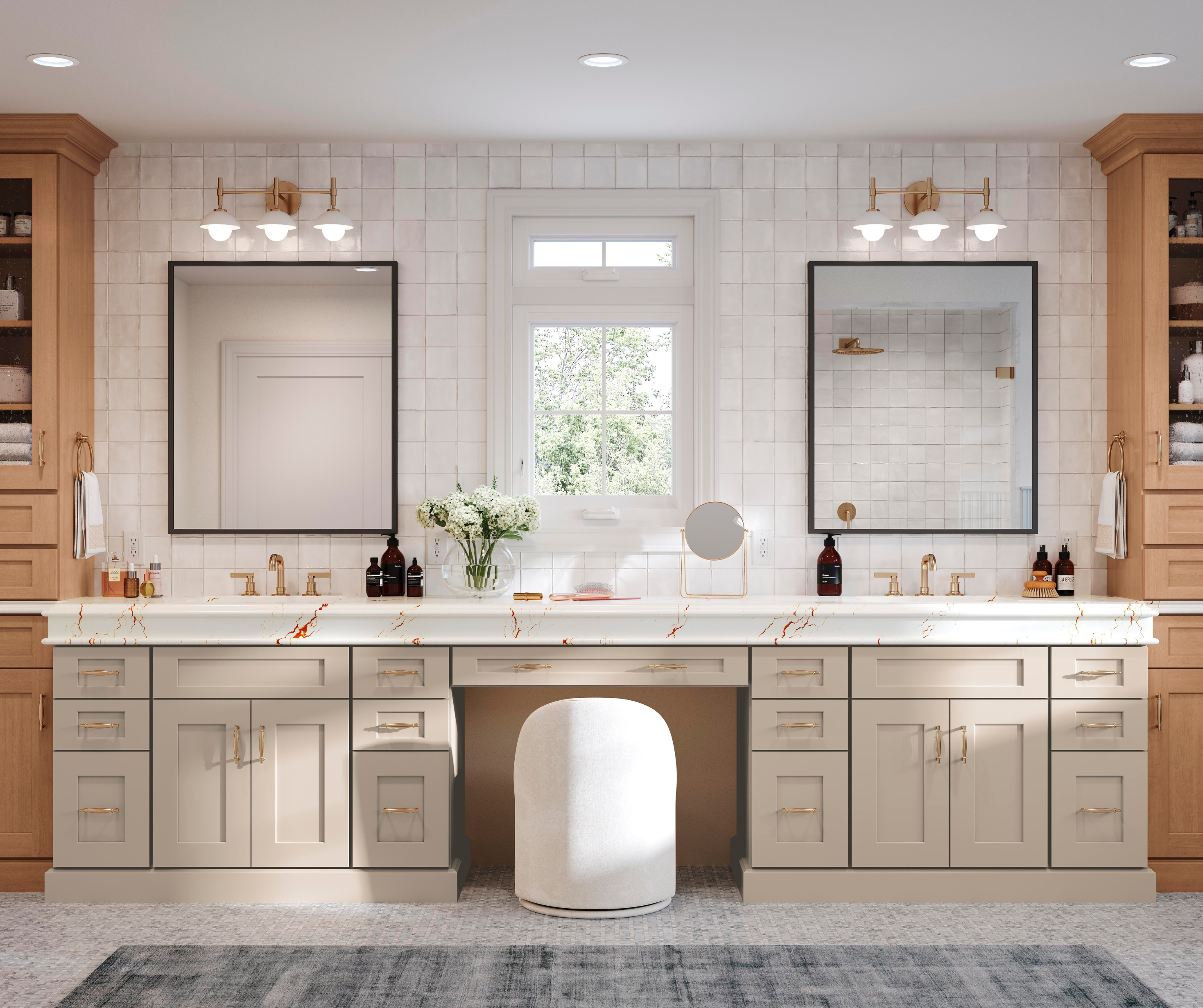 Large bathroom vanity of painted oat cabinetry and maple cider linen towers