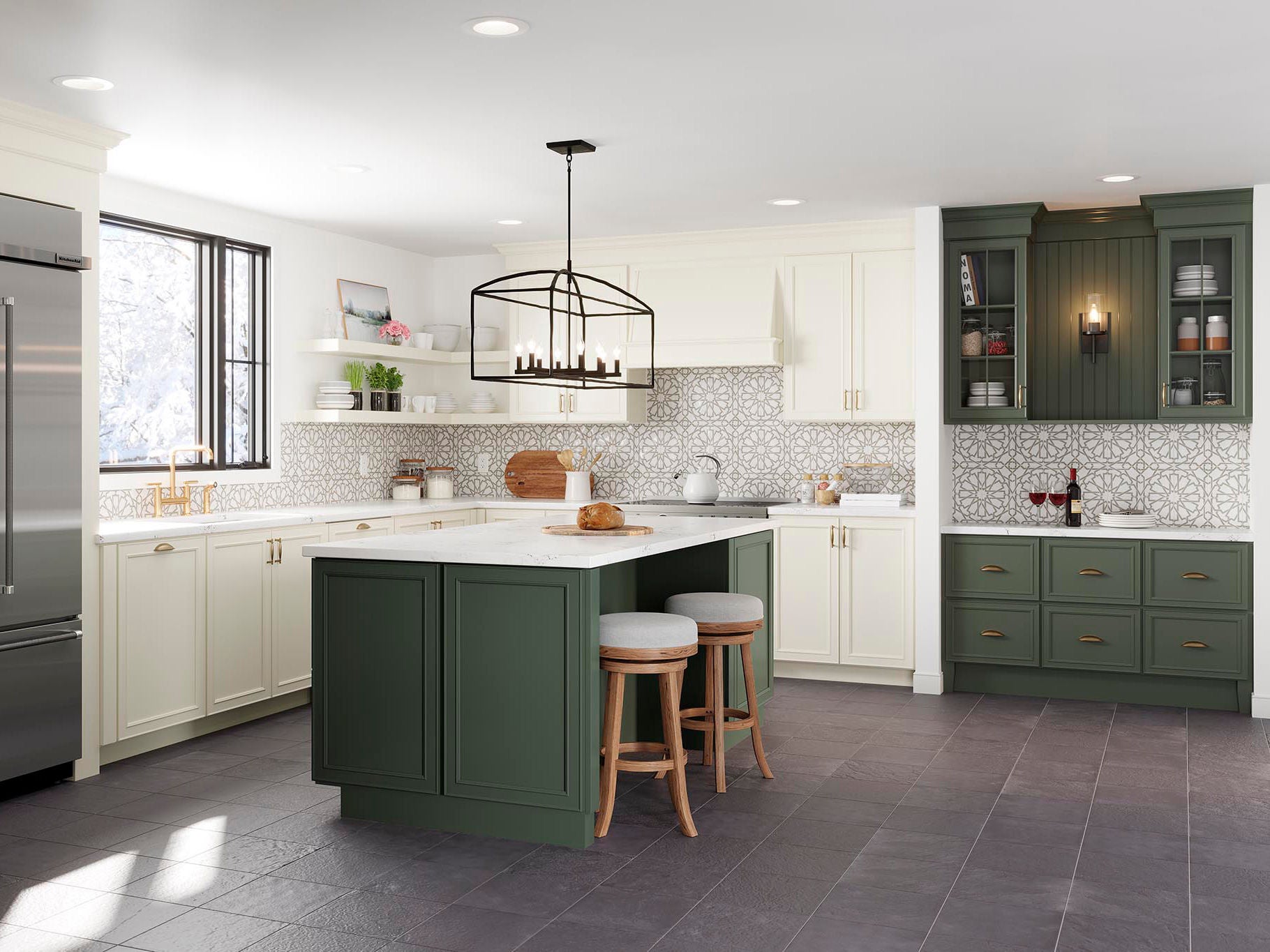 painted sage kitchen with range hood and molding